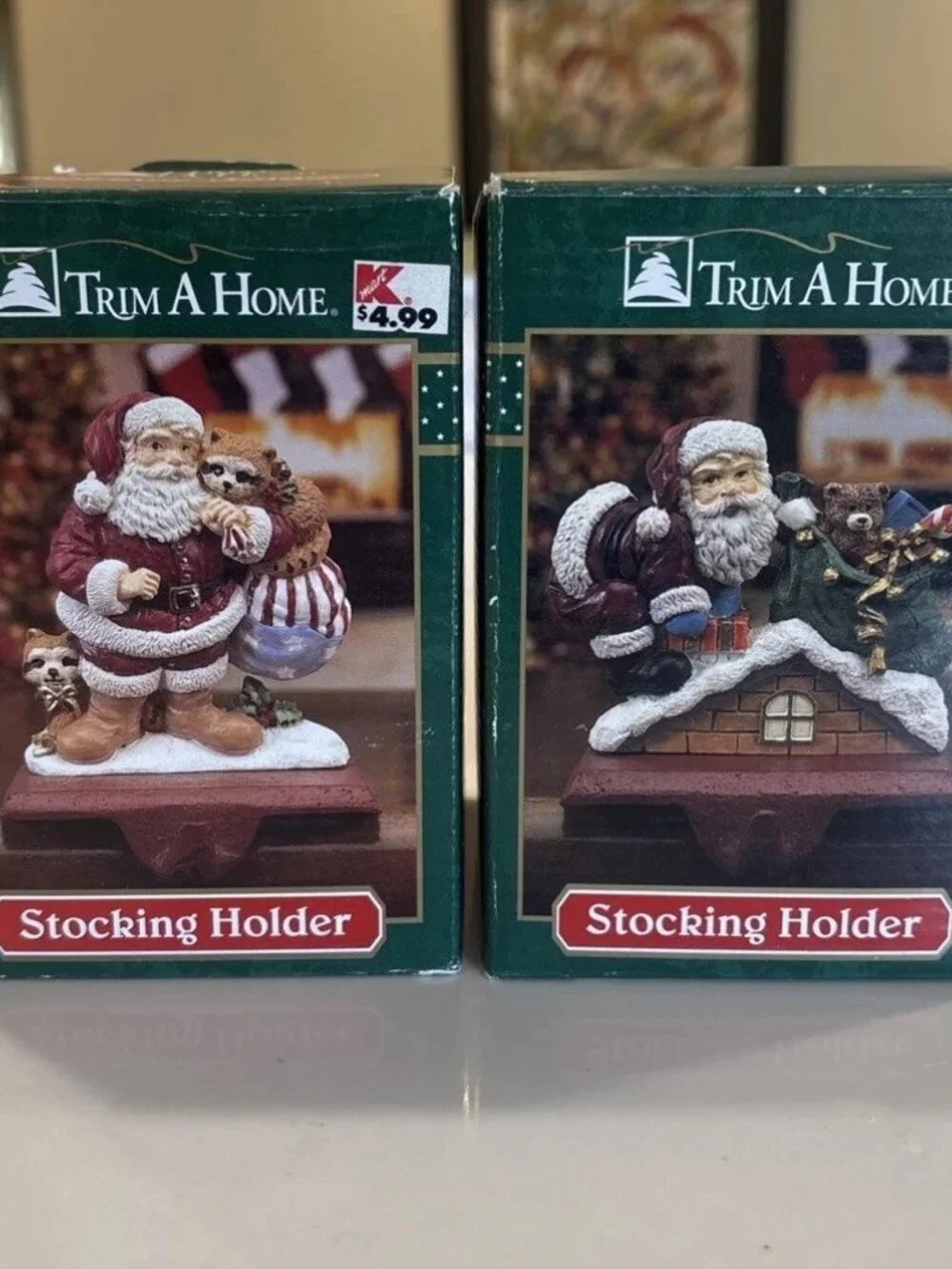 2 Vintage Trim a Home Cast Iron and Resin Stocking Holder Santa Claus & Snowman